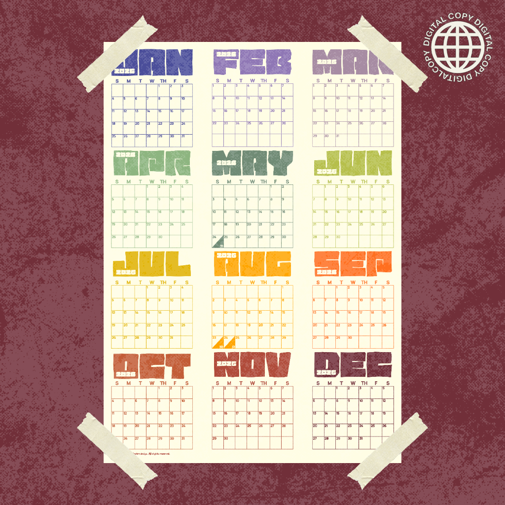 [DIGITAL COPY] 2026 Yearly Aesthetic Calendar, Poster Type, Pastel Colors
